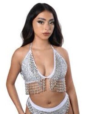 The Lumi Shop- Embellished White Sequin Triangle Fringe Bralette